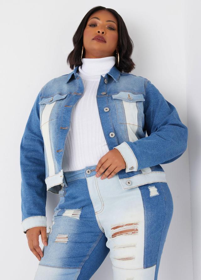 Plus Size Colorblock Denim Trucker Jacket Ashley Stewart Product Image