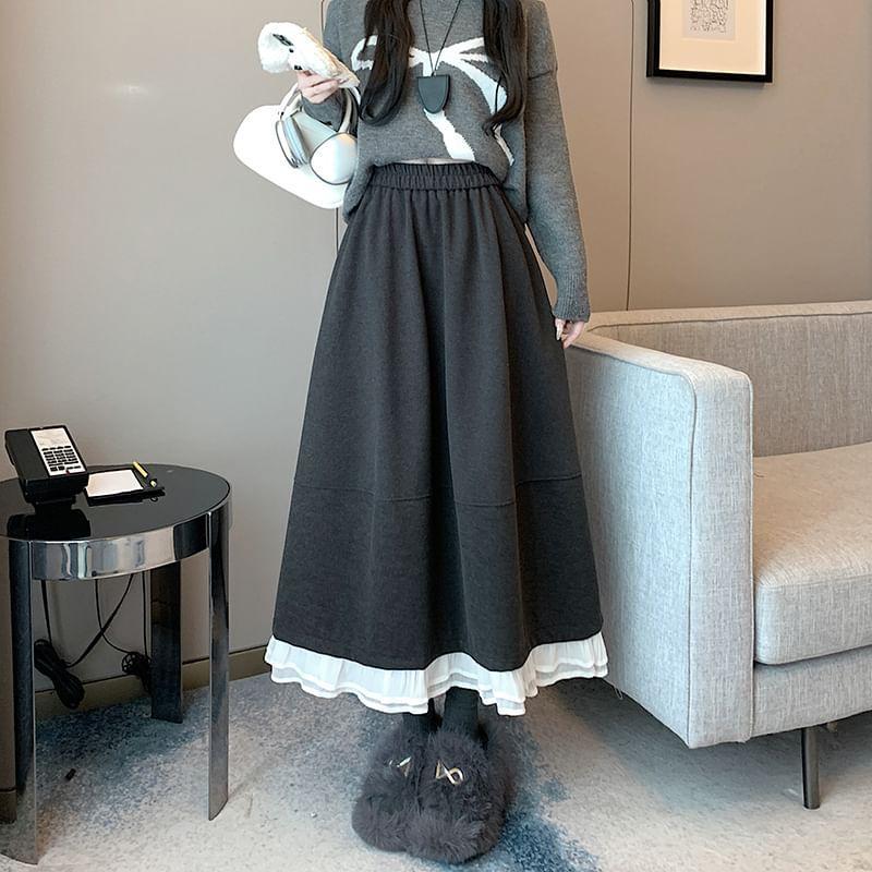 Elastic Waist Plain Ruffle Maxi A-Line Skirt Product Image