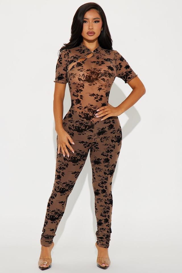 Raelynn Short Sleeve Mesh Jumpsuit - Brown Product Image