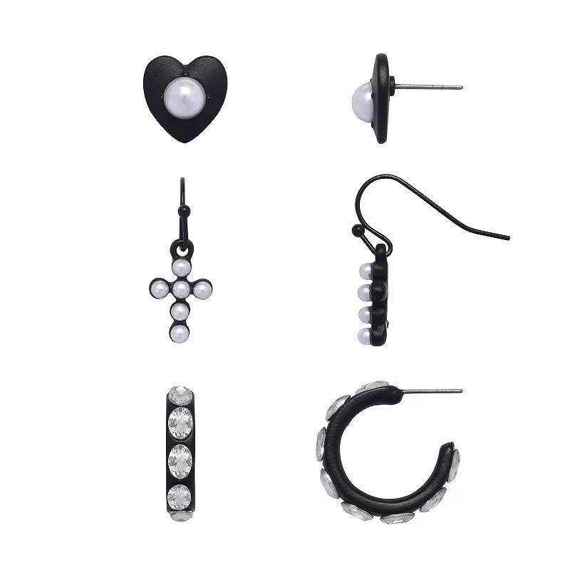 Emberly Heart, Hoop & Cross Drop Trio Earring Set, Womens, Black Product Image