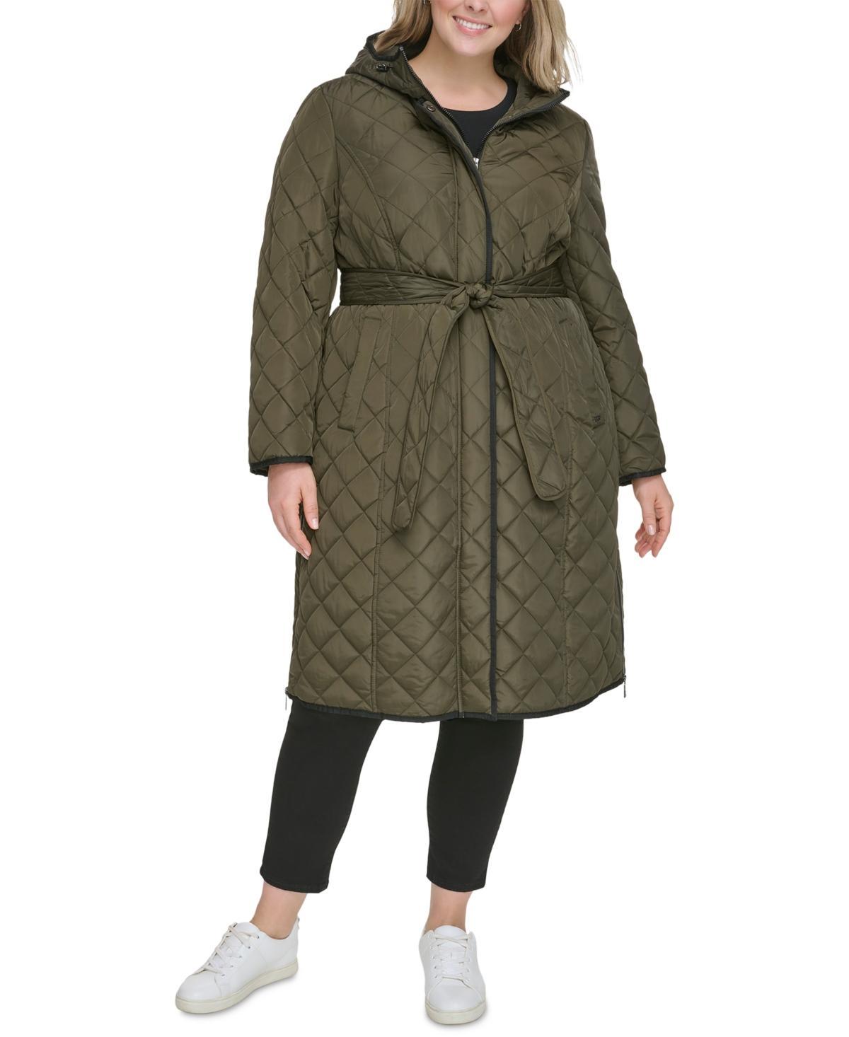 Dkny Womens Plus Size Hooded Belted Quilted Coat Product Image