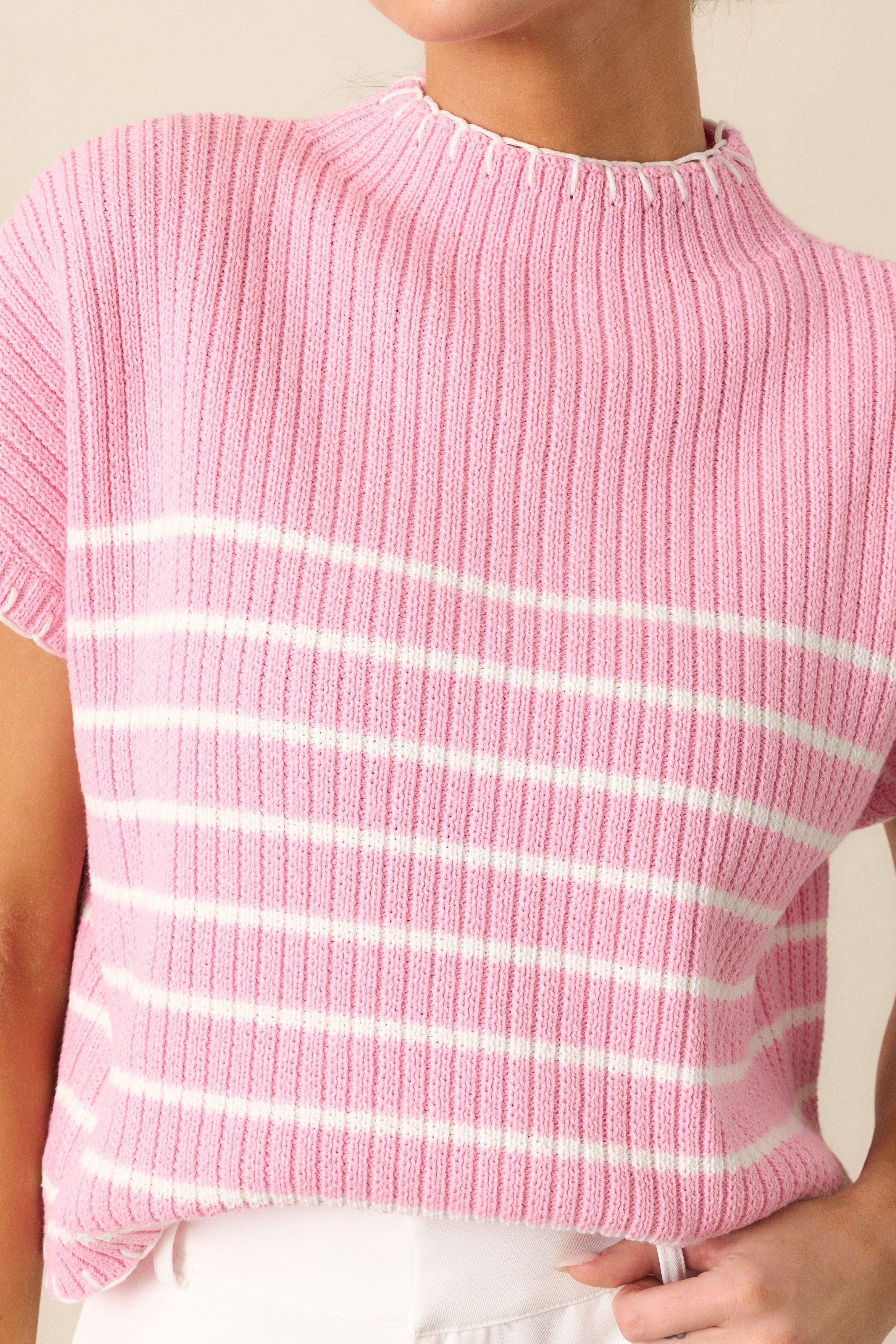 Mimosa Morning Cotton Pink Stripe Short Sleeve Sweater Product Image