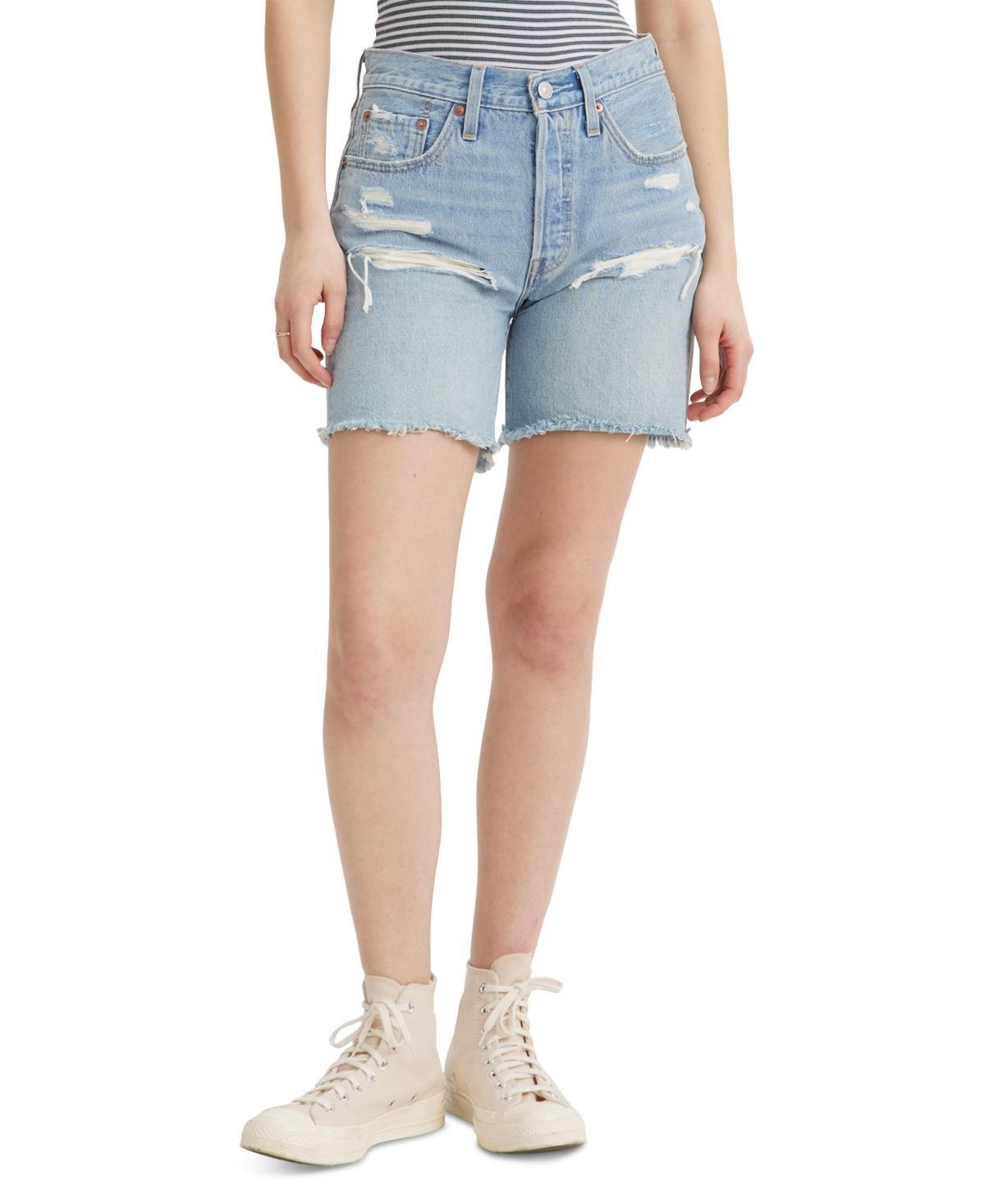 Levis 501 Button Fly Mid Thigh Distressed Denim Shorts Product Image