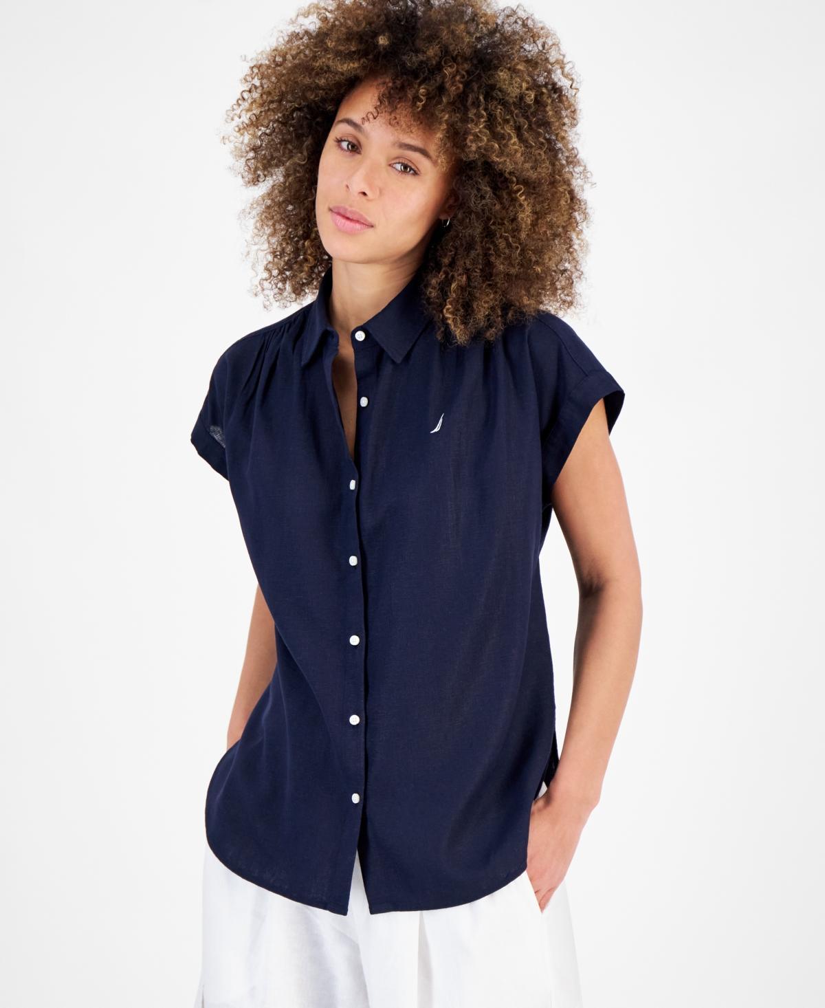 Nautica Jeans Womens Linen-Blend Cap-Sleeve Camp Shirt Product Image