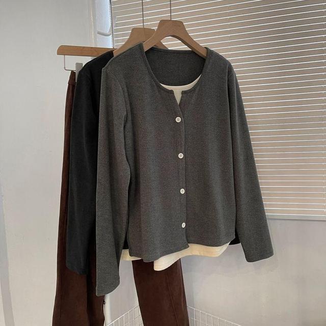 Long Sleeve Crew Neck Mock Two Piece Button Top Product Image