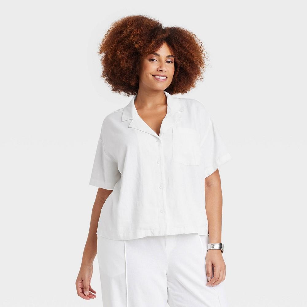 Womens Linen Short Sleeve Button-Down Camp Shirt - A New Day White XXL Product Image