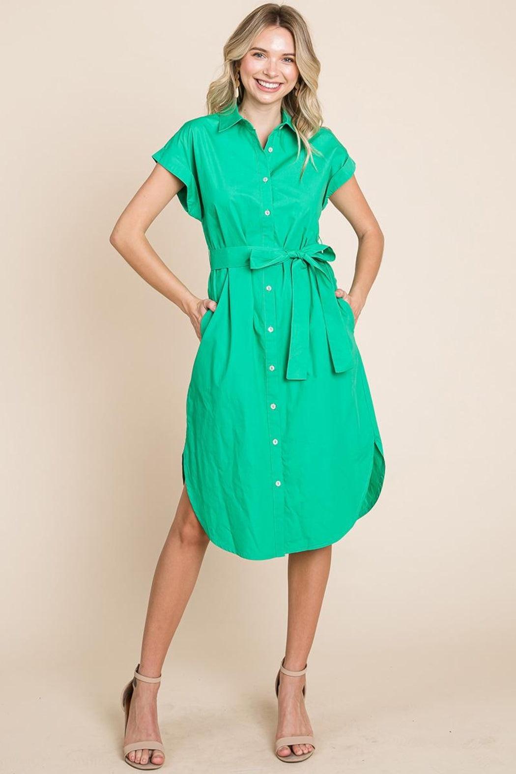 Button Up Tie Waist Poplin Pocketed Shirt Dress Female Product Image