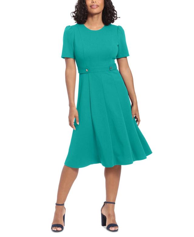 London Times Womens Puff-Sleeve Tab-Detail Fit & Flare Dress Product Image