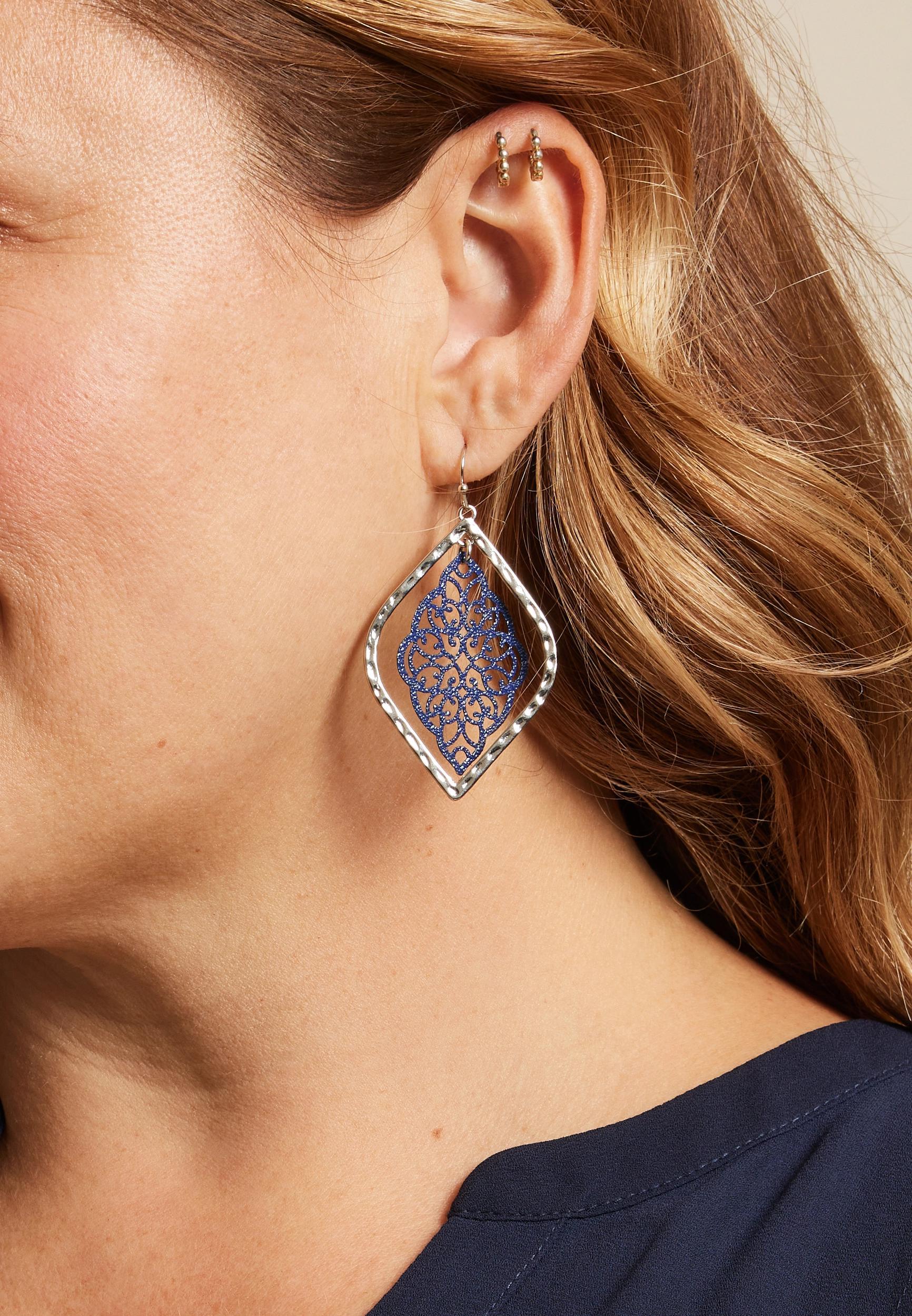 Silver And Navy Filigree Drop Earrings Product Image