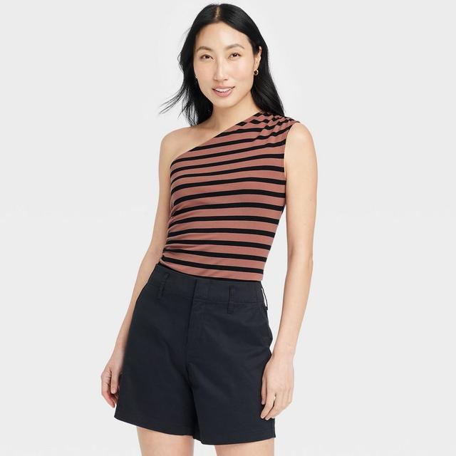 Womens Slim Fit One Shoulder Tank Top - A New Day Brown Striped XS Product Image