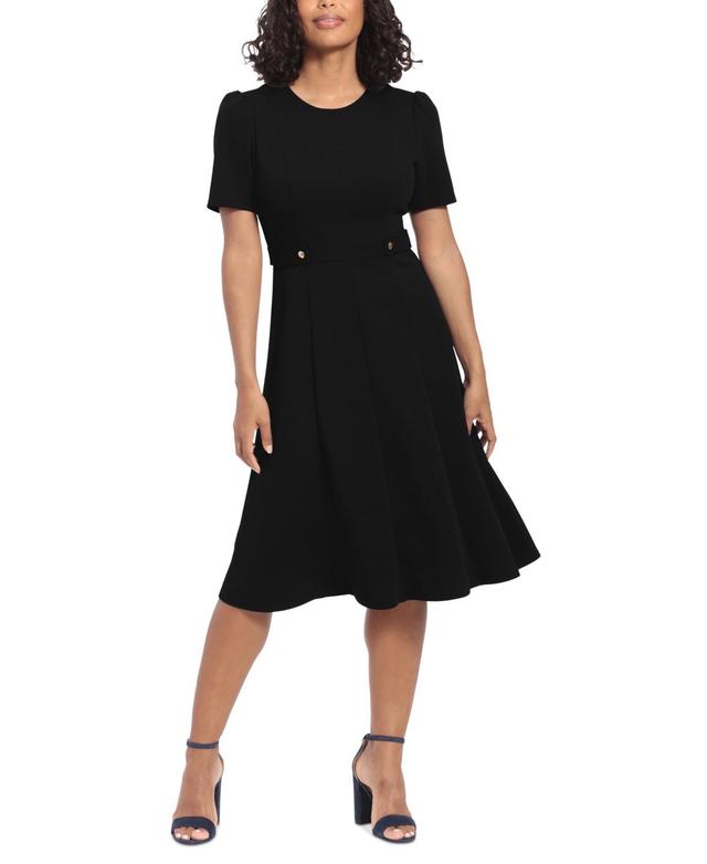 London Times Womens Puff-Sleeve Tab-Detail Fit & Flare Dress Product Image