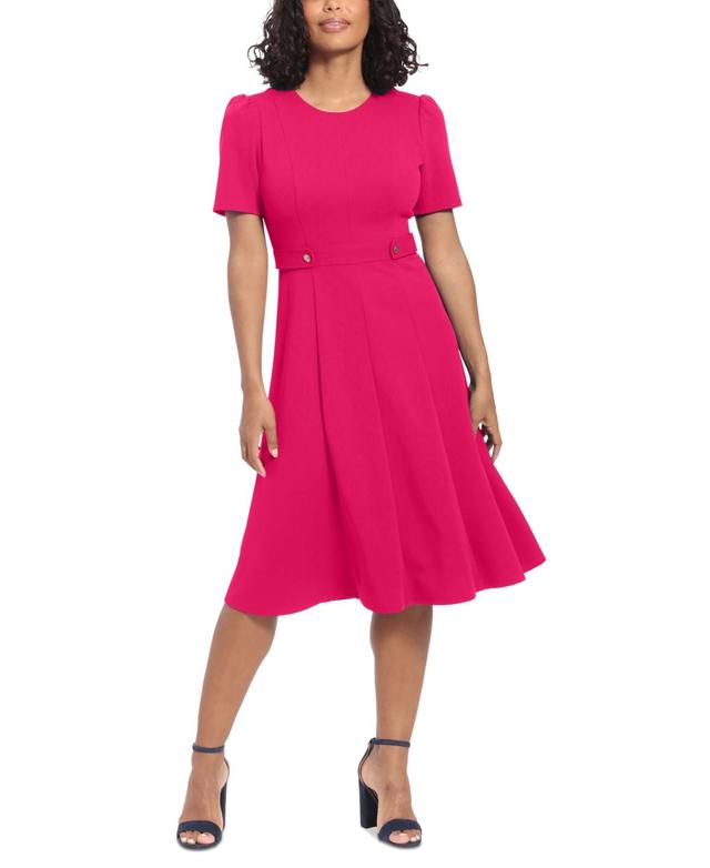 London Times Womens Puff-Sleeve Tab-Detail Fit & Flare Dress Product Image