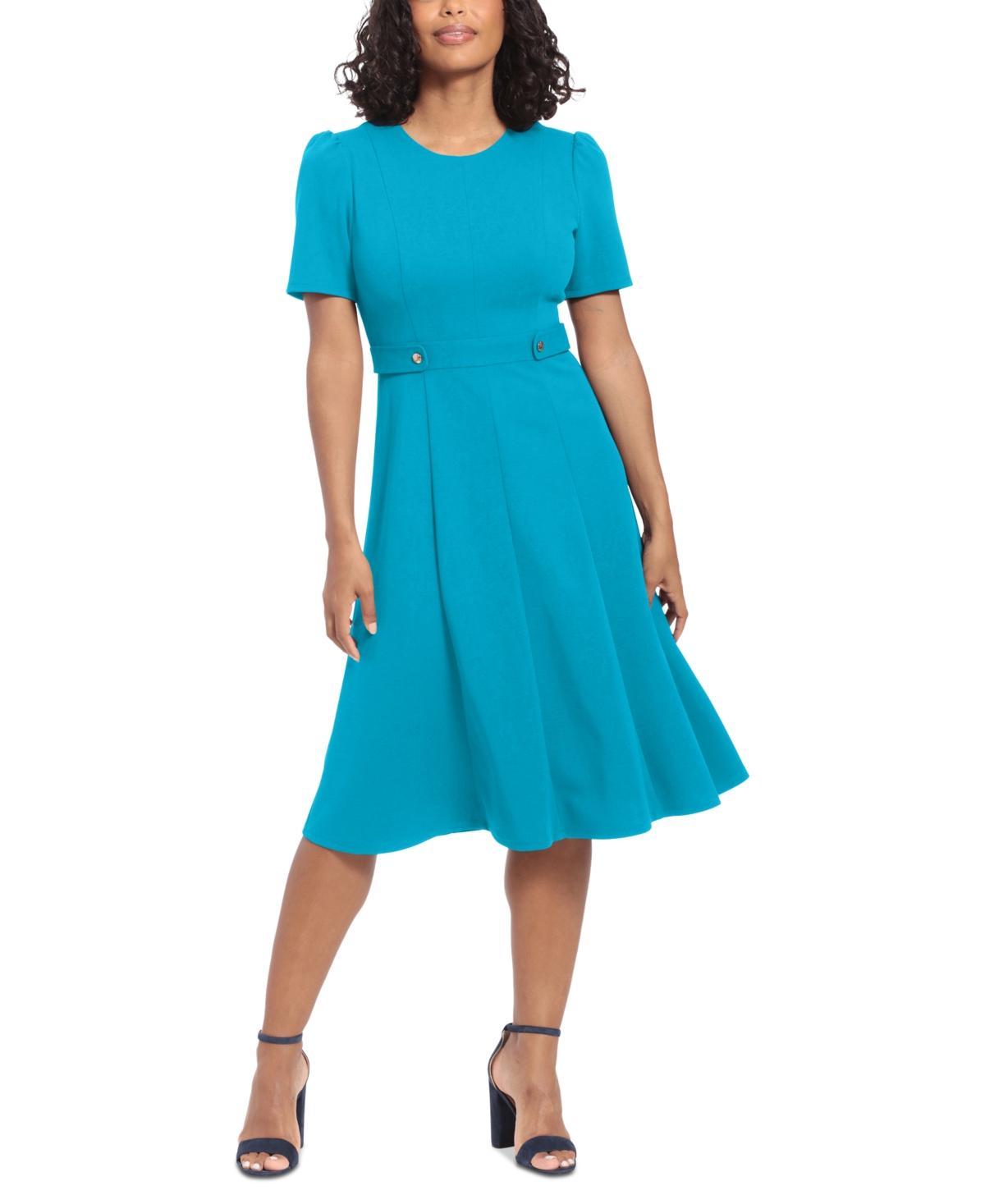 London Times Womens Puff-Sleeve Tab-Detail Fit & Flare Dress Product Image