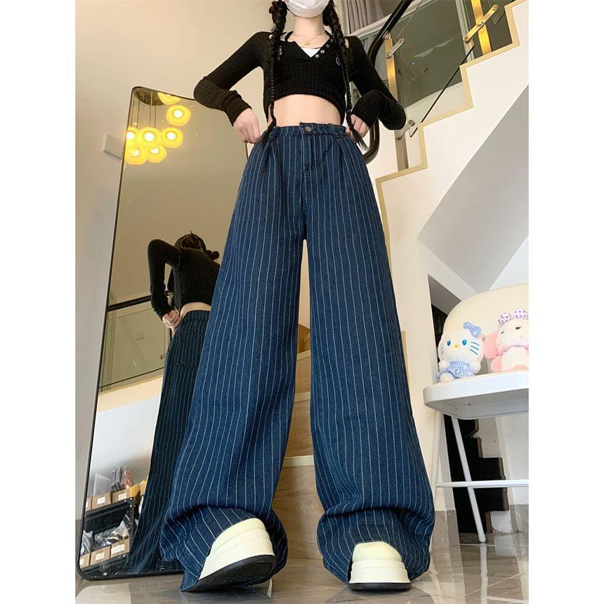 High Waist Striped Loose-Fit Wide-Leg Jeans Product Image