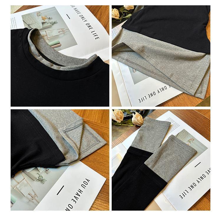 Long-Sleeve Crew Neck Mock Two-Piece Two Tone Asymmetrical Slim Fit Tee Product Image