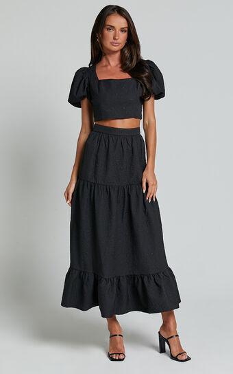 Katherine Two Piece Set - Puff Sleeve Crop Top and Ruffle Hem Midi Skirt Set in Black Product Image