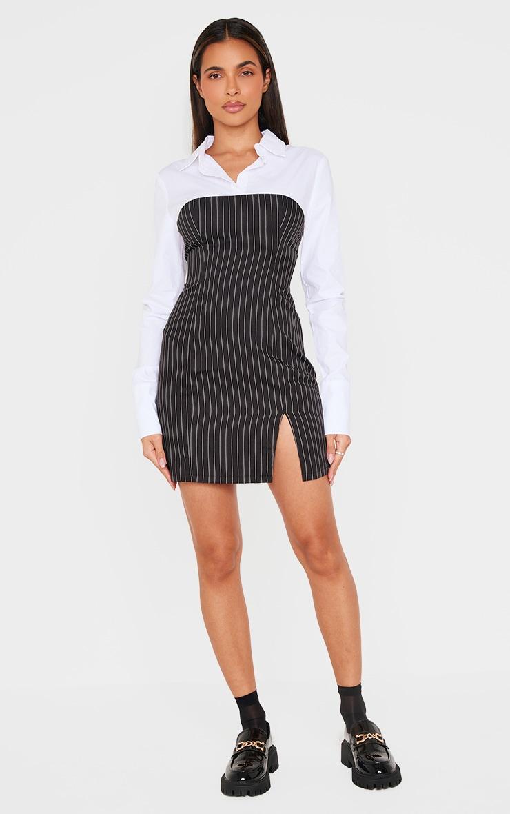 White Pinstripe Detail Shirt Dress Product Image