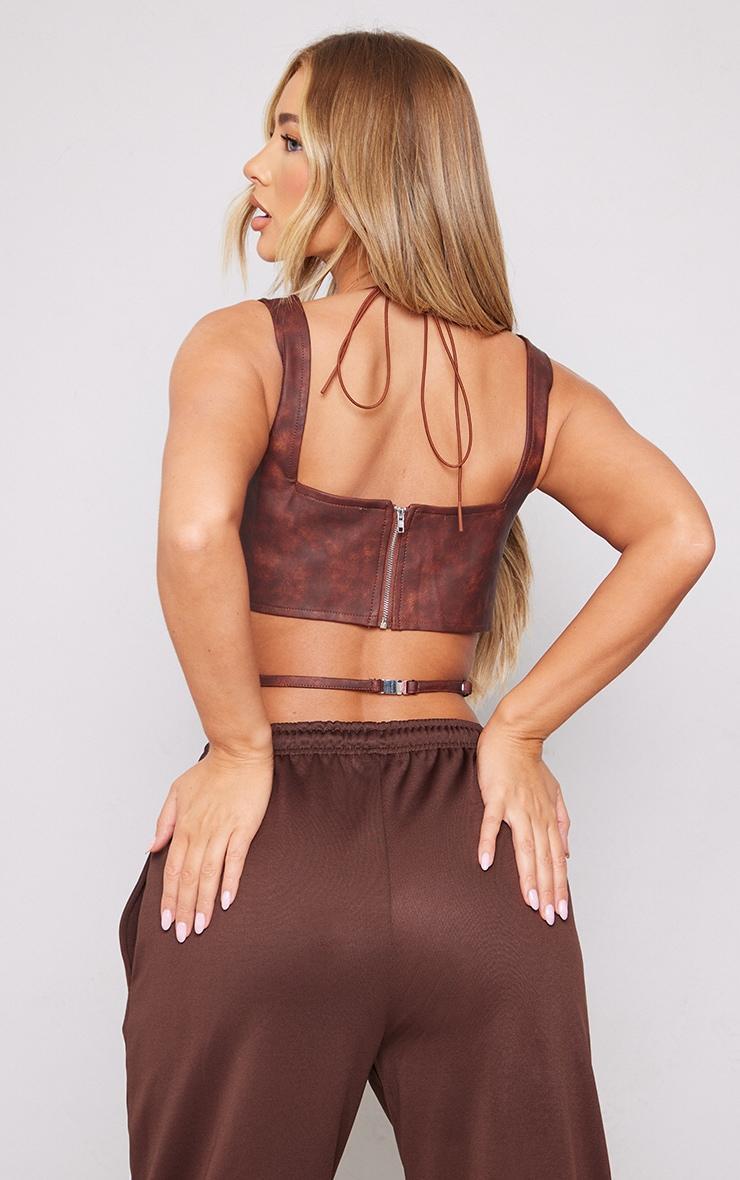 Brown Washed Faux Leather Cross Halterneck Dip Hem Corset Product Image