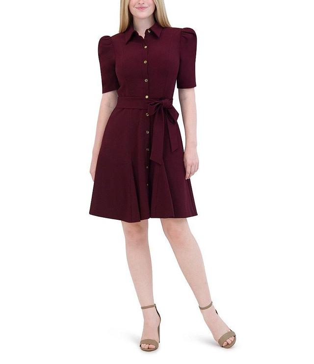 Eliza J Stretch Crepe Collar Neck Puff Elbow Sleeve Button Front Tie Waist Mini Dress Product Image