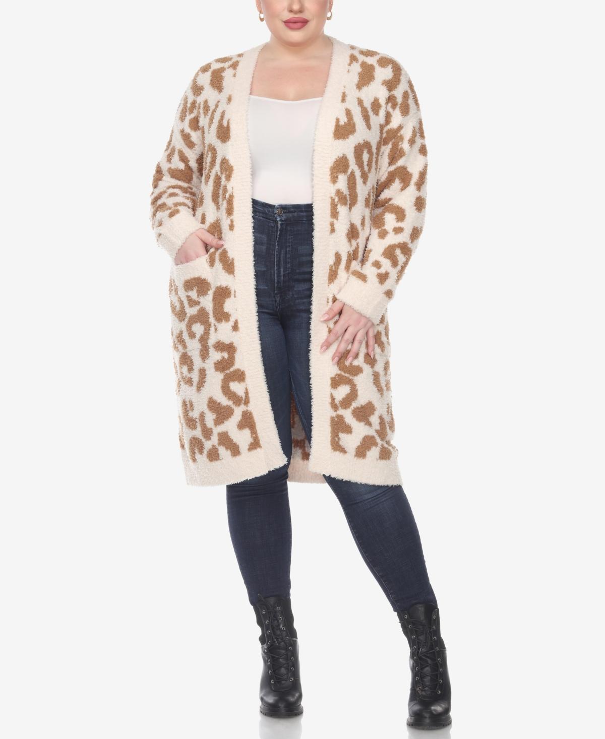 White Mark Plus Size Leopard Print Open Front Sherpa Sweater Product Image