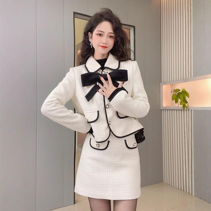 Set: Collar Bow Contrast Trim Button Jacket + High Waist Mini A-Line Skirt Product Image