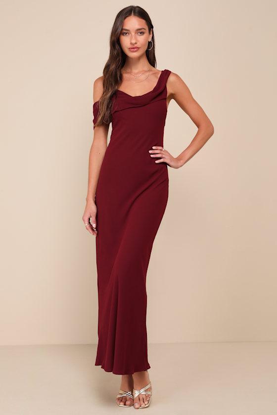 Exemplary Impression Burgundy Asymmetrical Cowl Maxi Dress Product Image