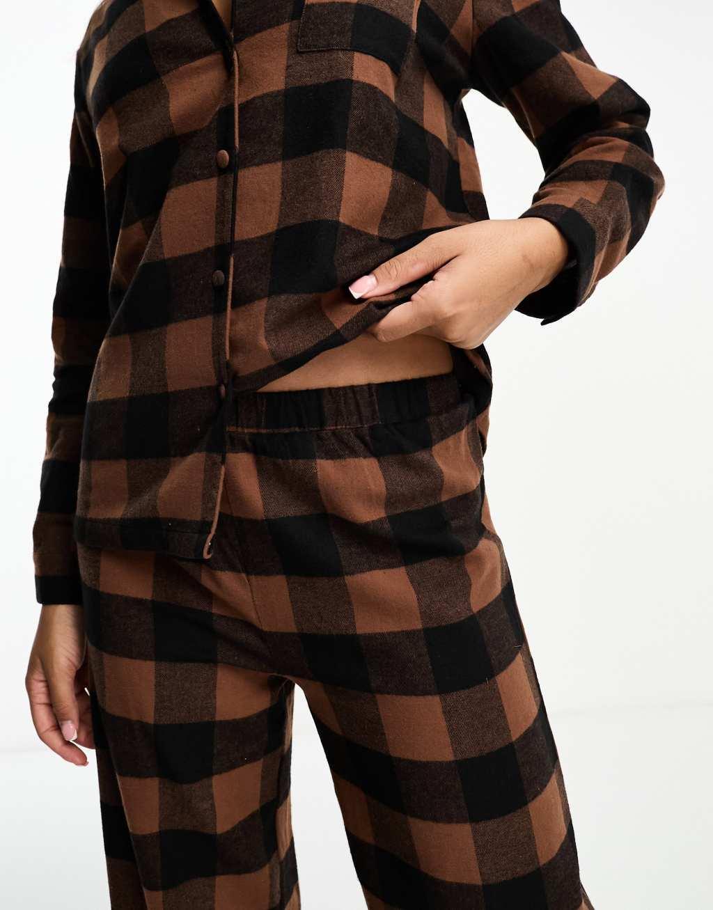 Loungeable brushed cotton long sleeve buttoned pajama pants set in checked chocolate brown Product Image