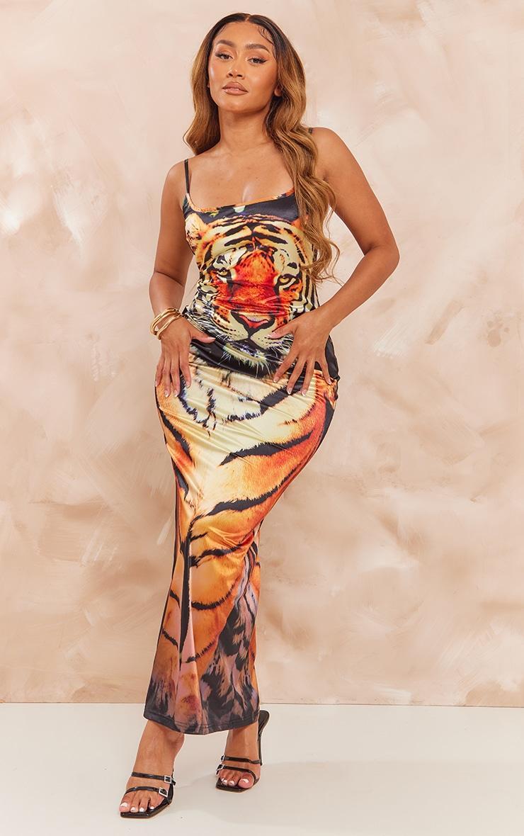 Shape Orange Satin Tiger Print Strappy Maxi Dress Product Image