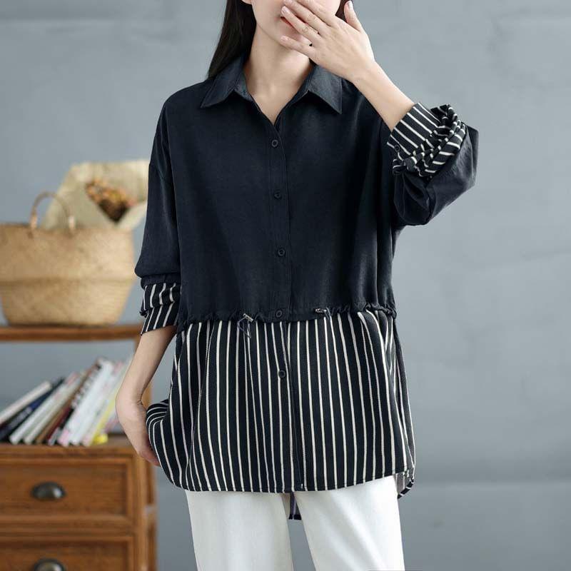 Long-Sleeve Striped Panel Drawstring Waist Button-Up Tunic Shirt Product Image