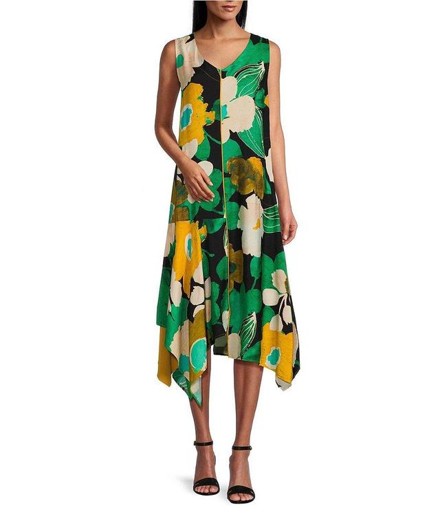 IC Collection Woven Floral Print V-Neck Sleeveless Asymmetrical Hem A-Line Midi Dress Product Image