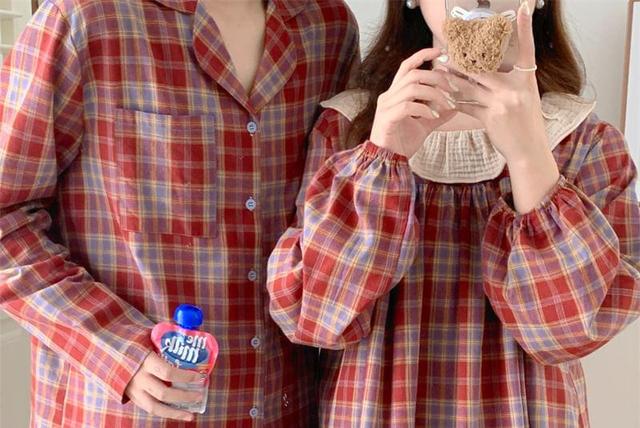 Couple Matching Long-Sleeve Plaid Pajama Top / Pants / Midi Sleep Dress / Set (Various Designs) Product Image