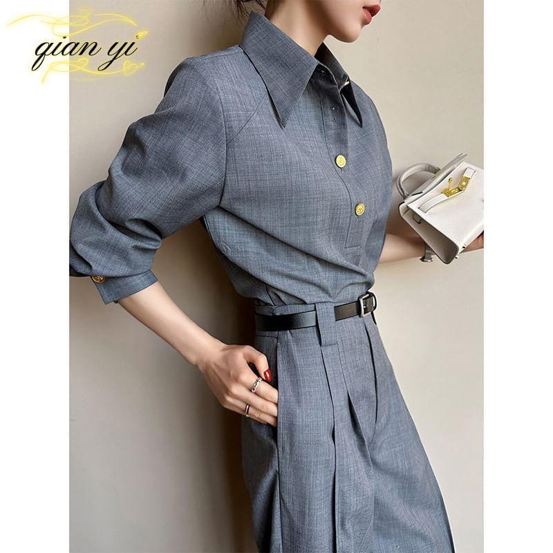 Long-Sleeve Overhead Shirt / High Rise Wide Leg Dress Pants / Set Product Image