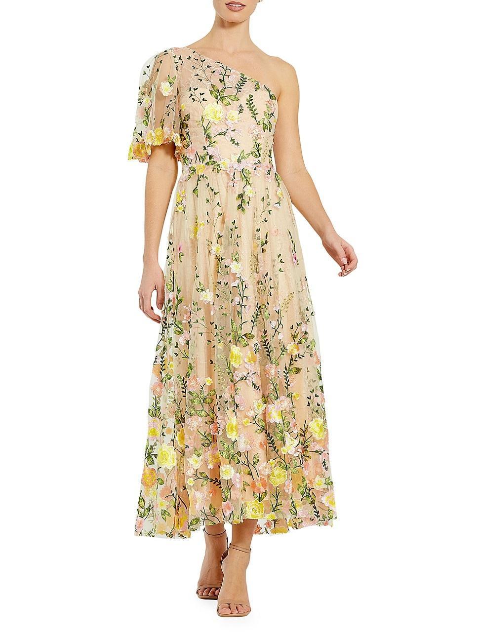 Womens Floral Embroidered One-Shoulder Midi-Dress Product Image