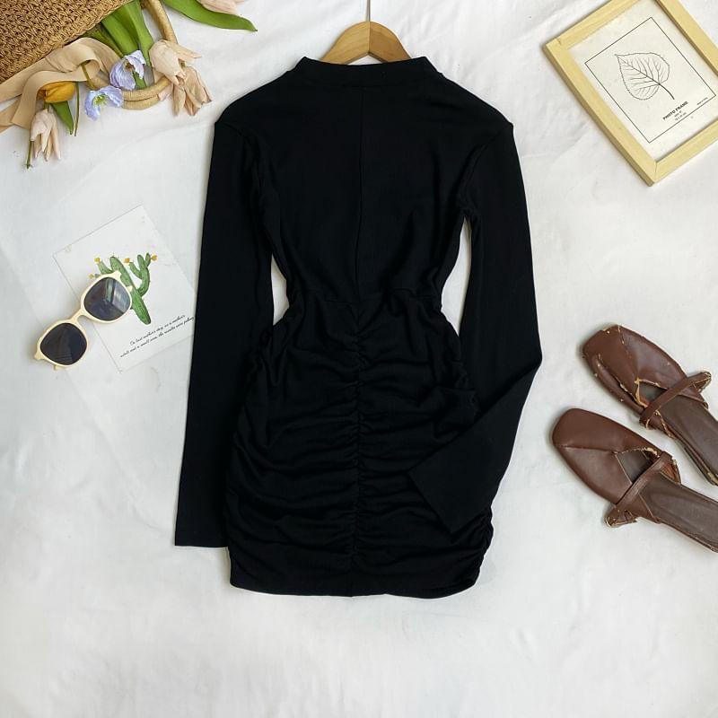 Long Sleeve Crew Neck Plain Ruched Bodycon Mini Dress Product Image