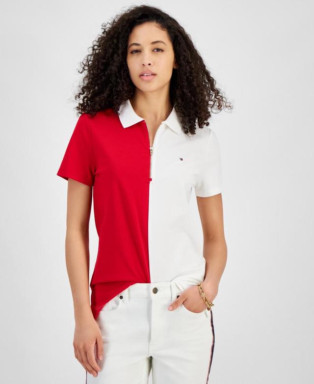 Tommy Hilfiger Womens Colorblock Zip-Front Polo Shirt - Sca Product Image