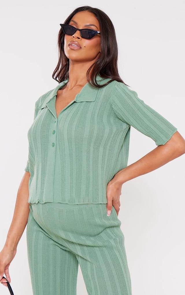 Maternity Sage Green Knit Short Sleeve Button Up Top Product Image