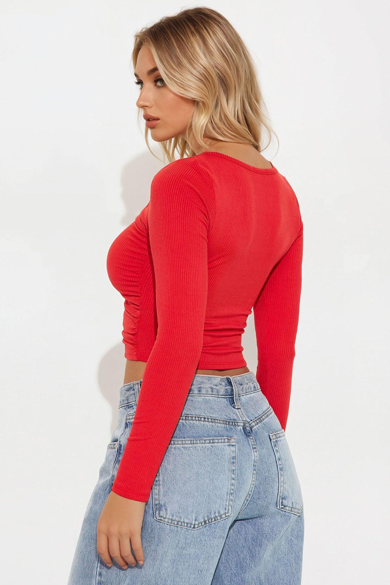 Mara Ruched Long Sleeve Top - Red Product Image