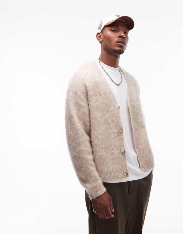 Topman relaxed fit heavily brushed cardigan in oatmeal Product Image