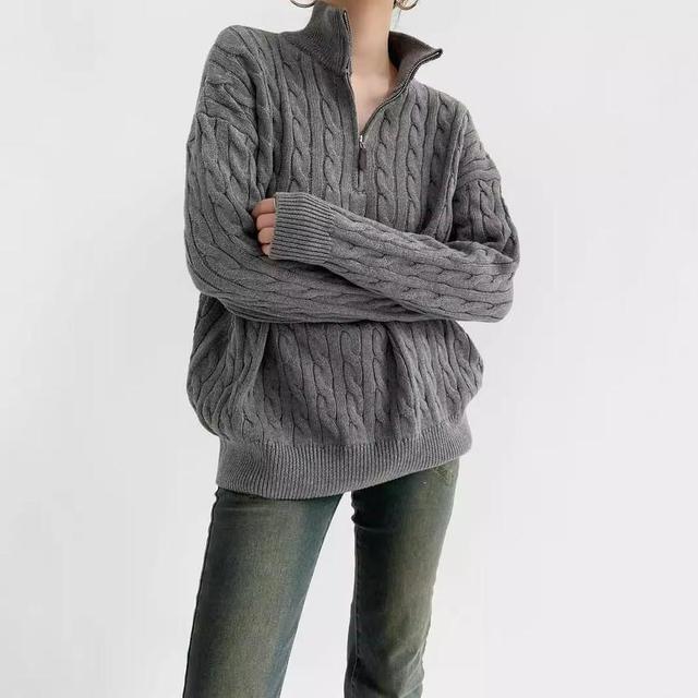 Drop Shoulder Half Zip Cable Knit Oversized Sweater Product Image