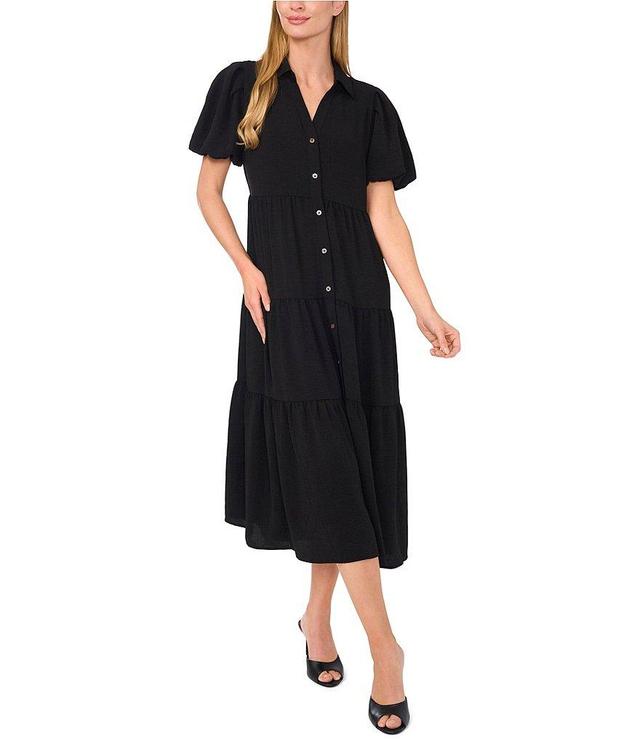 CeCe Gauze Point Collar Short Puff Sleeve Button Front Tiered Midi Shirt Dress Product Image