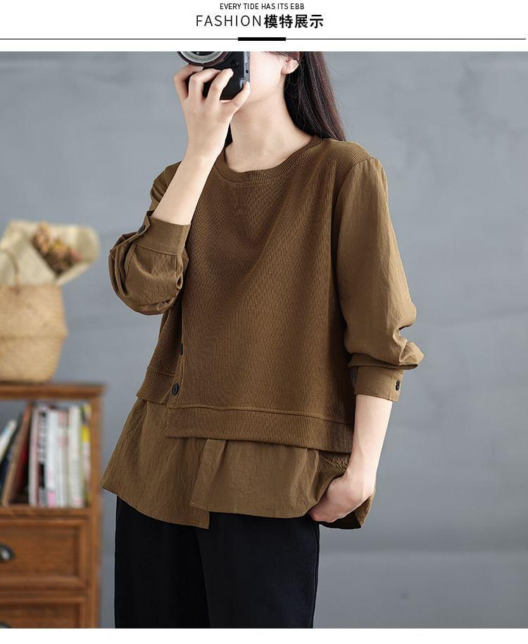 Long-Sleeve Crewneck Asymmetrical Plain Knit Top Product Image