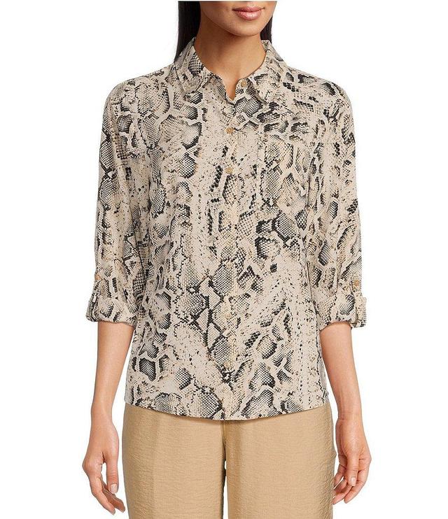 DKNY by Donna Karan Snake Skin Point Collar Roll Tab Long Sleeve Button Down Shirt Product Image