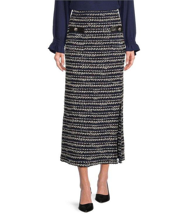 Ming Wang Coordinating Multi-Stitch Tweed Knit Faux Leather Pocket Maxi Pencil Skirt Product Image