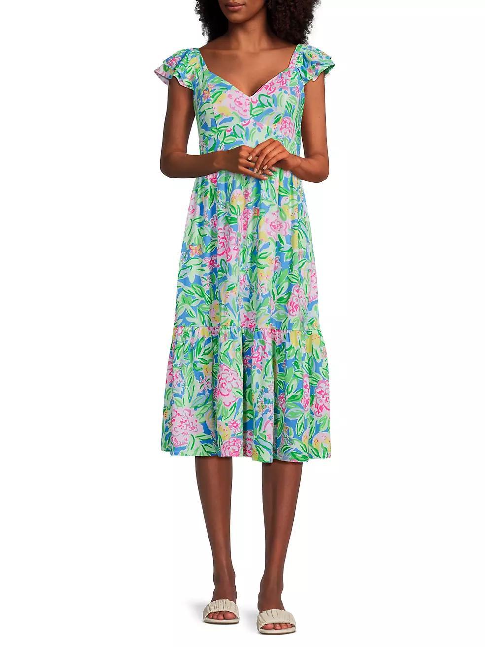 Bayleigh Floral Flutter-Sleeve Midi-Dress Product Image