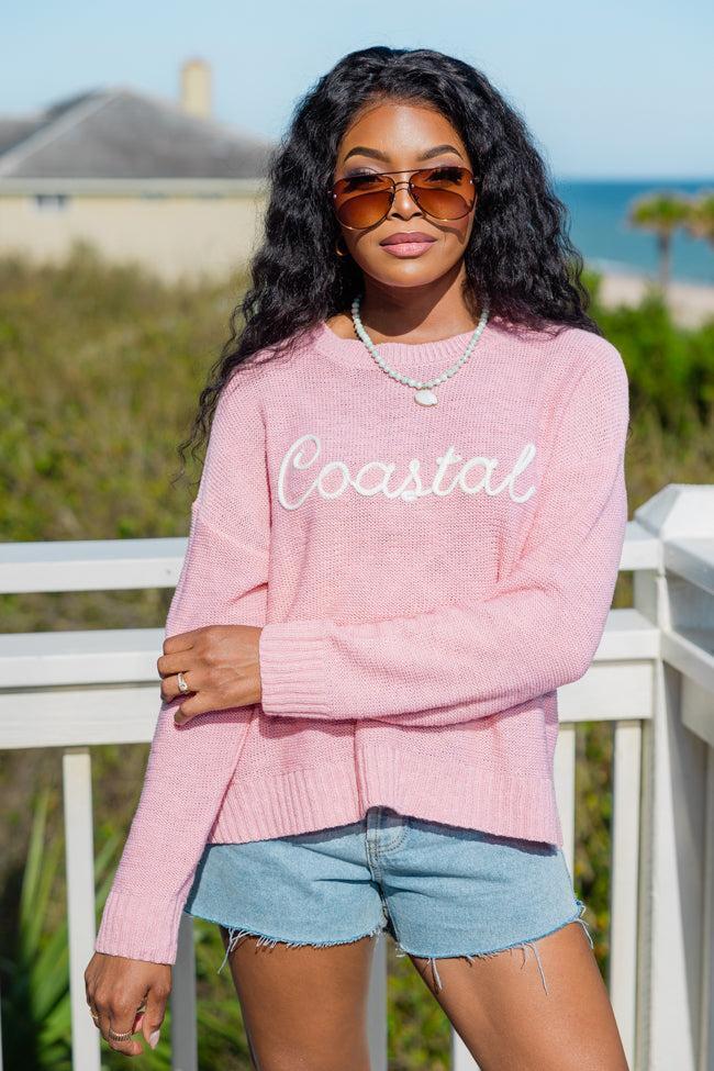 Off To The Beach Pink Coastal Script Sweater Product Image