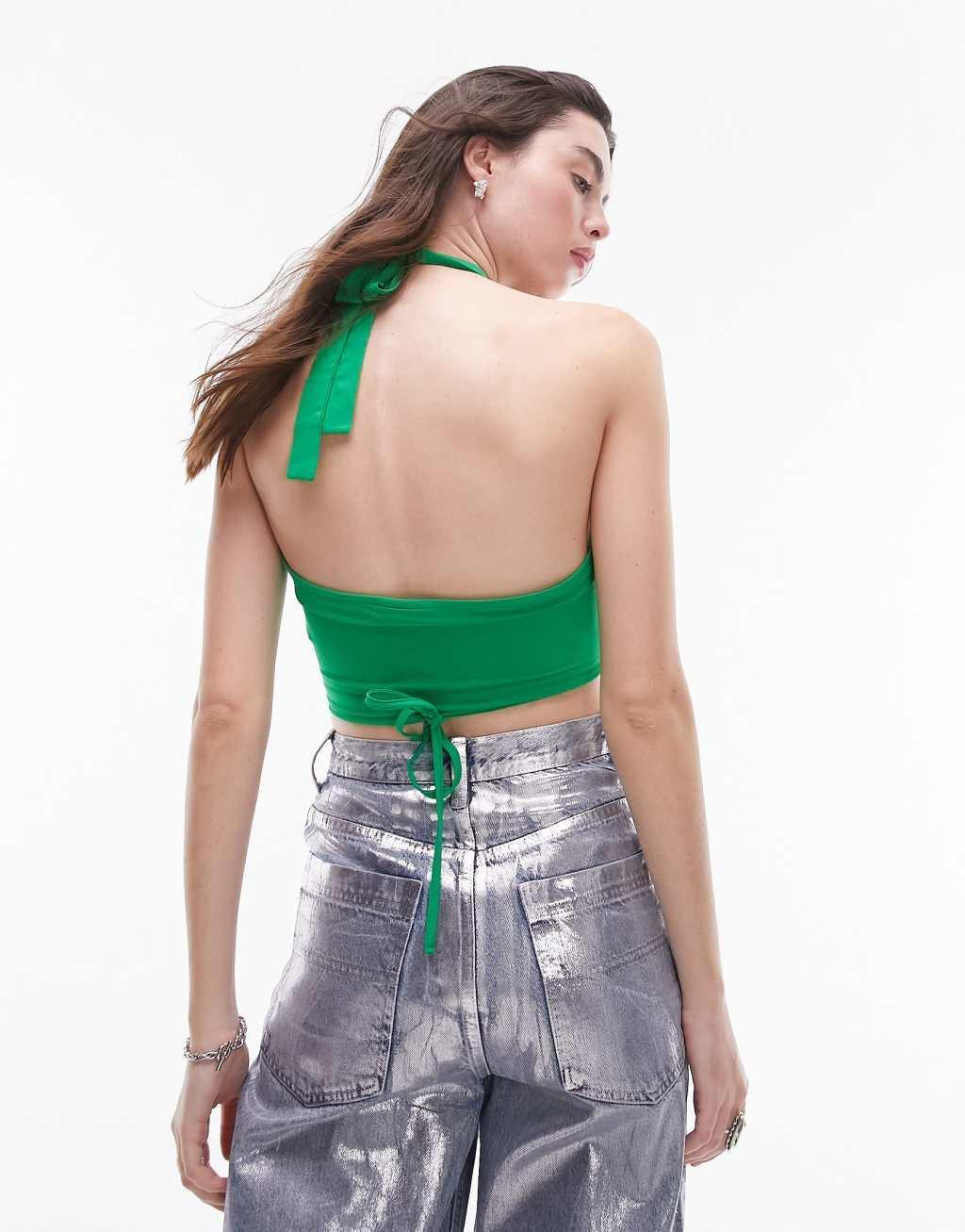 Topshop ruched cut out halter top in green Product Image