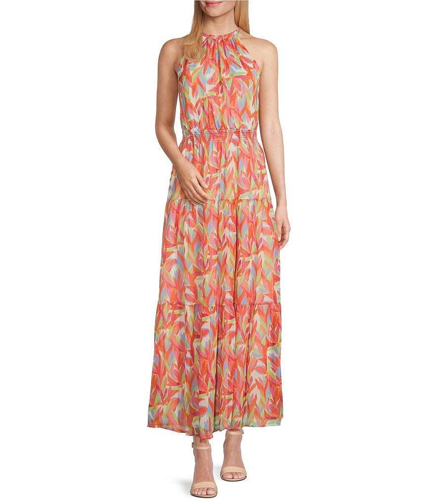 Leslie Fay Sleeveless Halter Neck Tiered Chiffon Maxi Dress Product Image