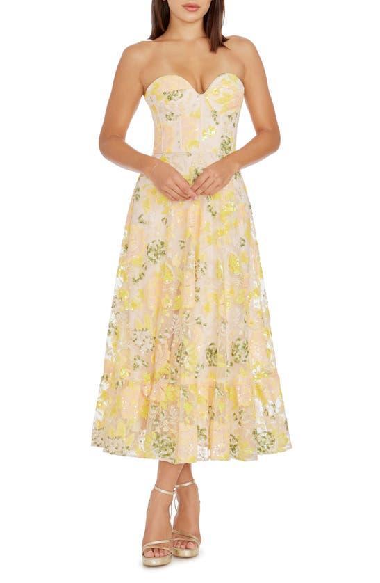 Carina Strapless Sequin Appliqué Midi Dress In Yellow Product Image