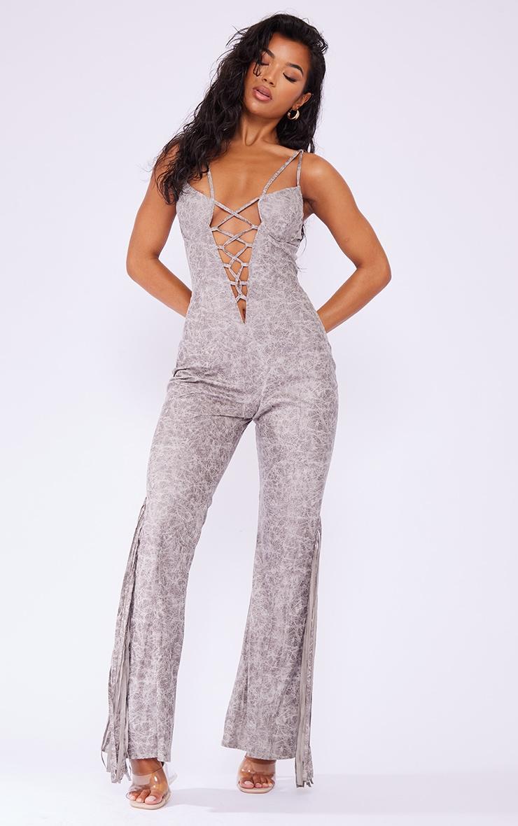 Grey Distressed PU Lace Up Detail Tassel Flared Jumpsuit Product Image