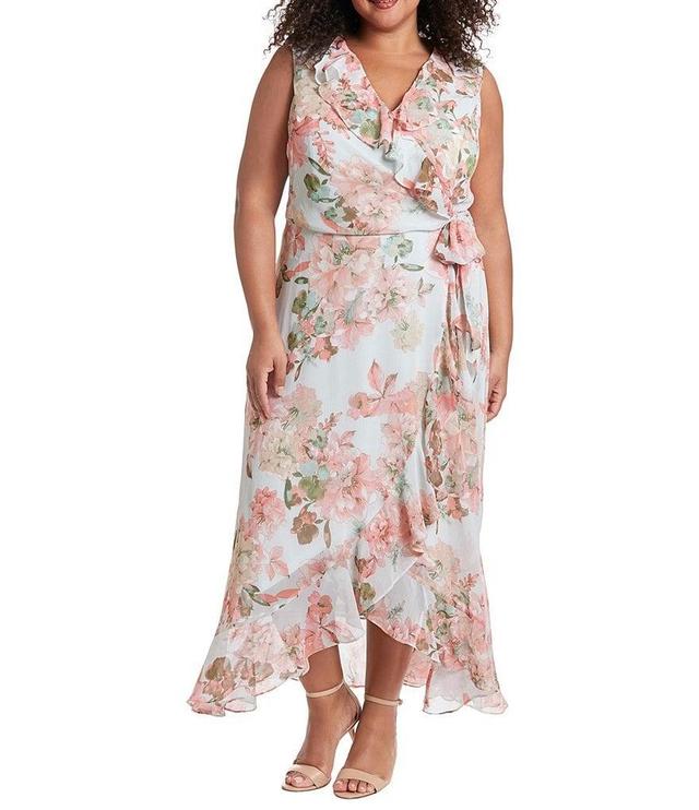 London Times Plus Size Floral Print Surplice V-Neck Ruffled Hem Faux Wrap Dress Product Image